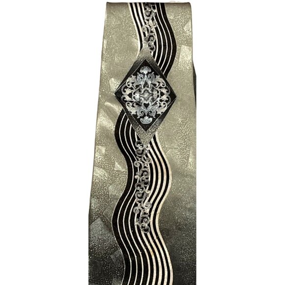 MCM ABSTRACT NECKTIE SILVER BLACK WAVES POLYESTER DESIGNER 60" X 4" MENS - Picture 2 of 4